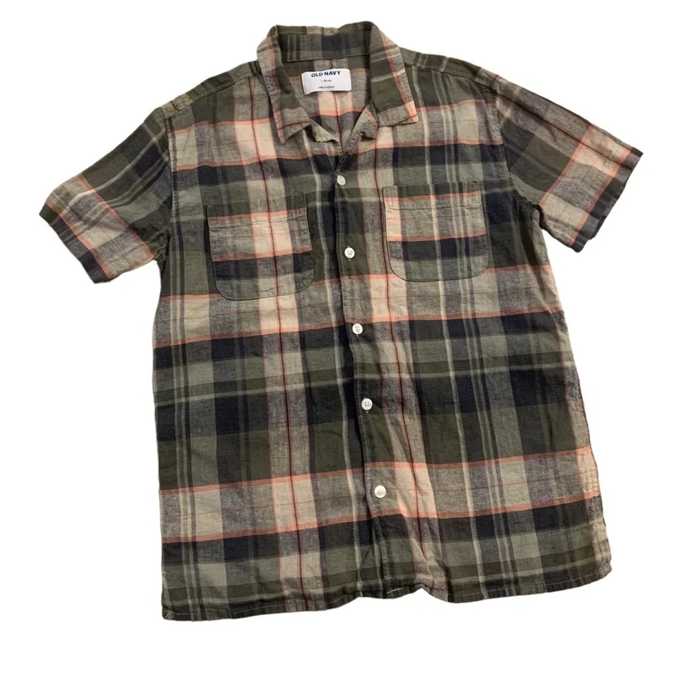Old Navy | Plaid Short Sleeve Button Down Shirt Size Large (10-12) Army